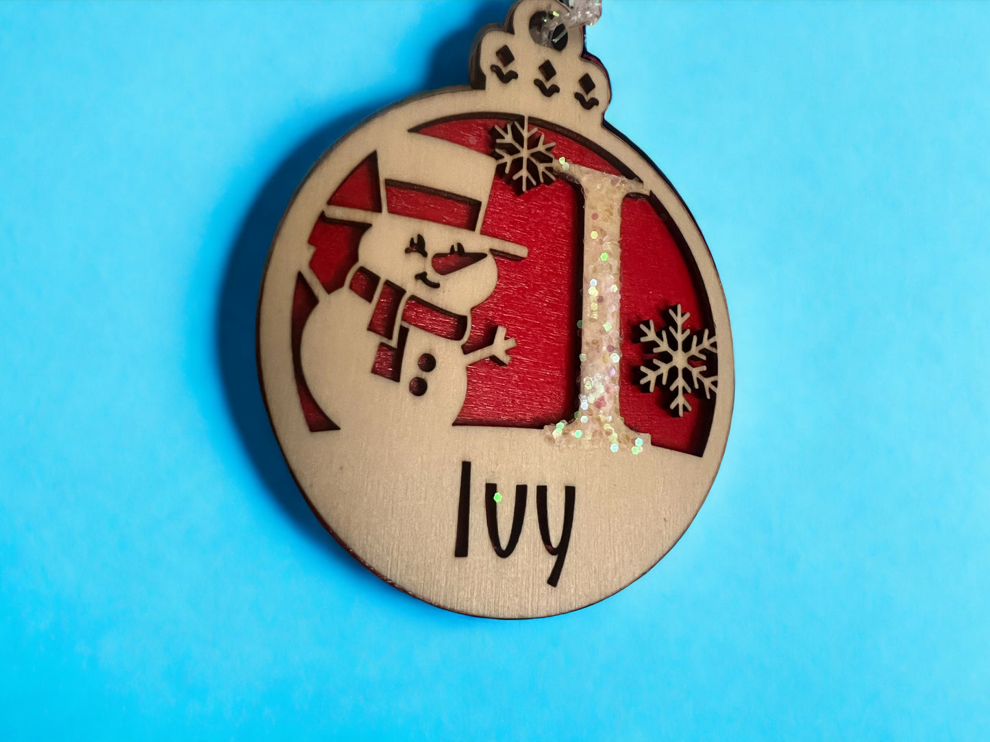 Personalized Christmas Ornament with Monogram Lettering and Snowman/Snowflake Design