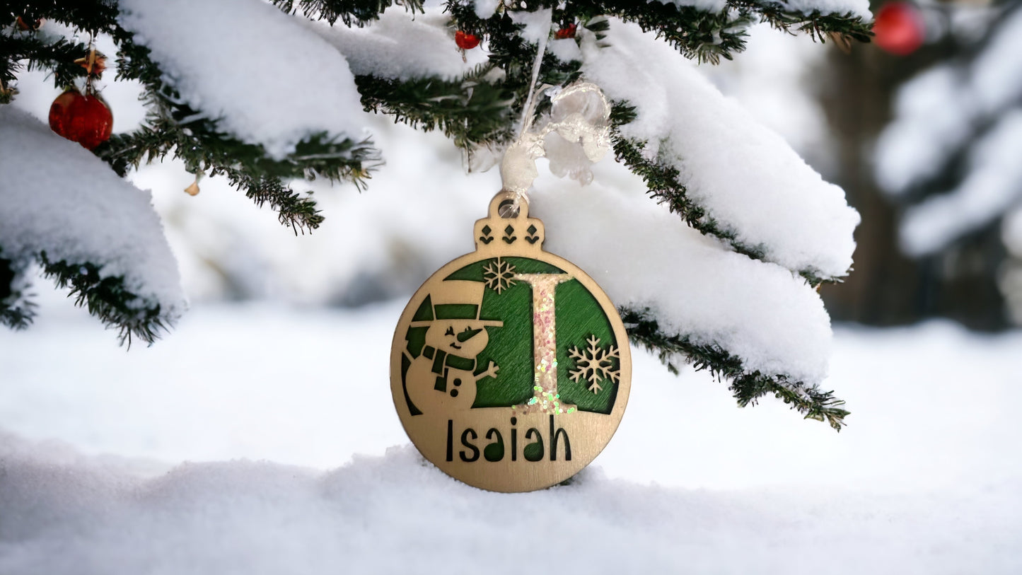 Personalized Christmas Ornament with Monogram Lettering and Snowman/Snowflake Design