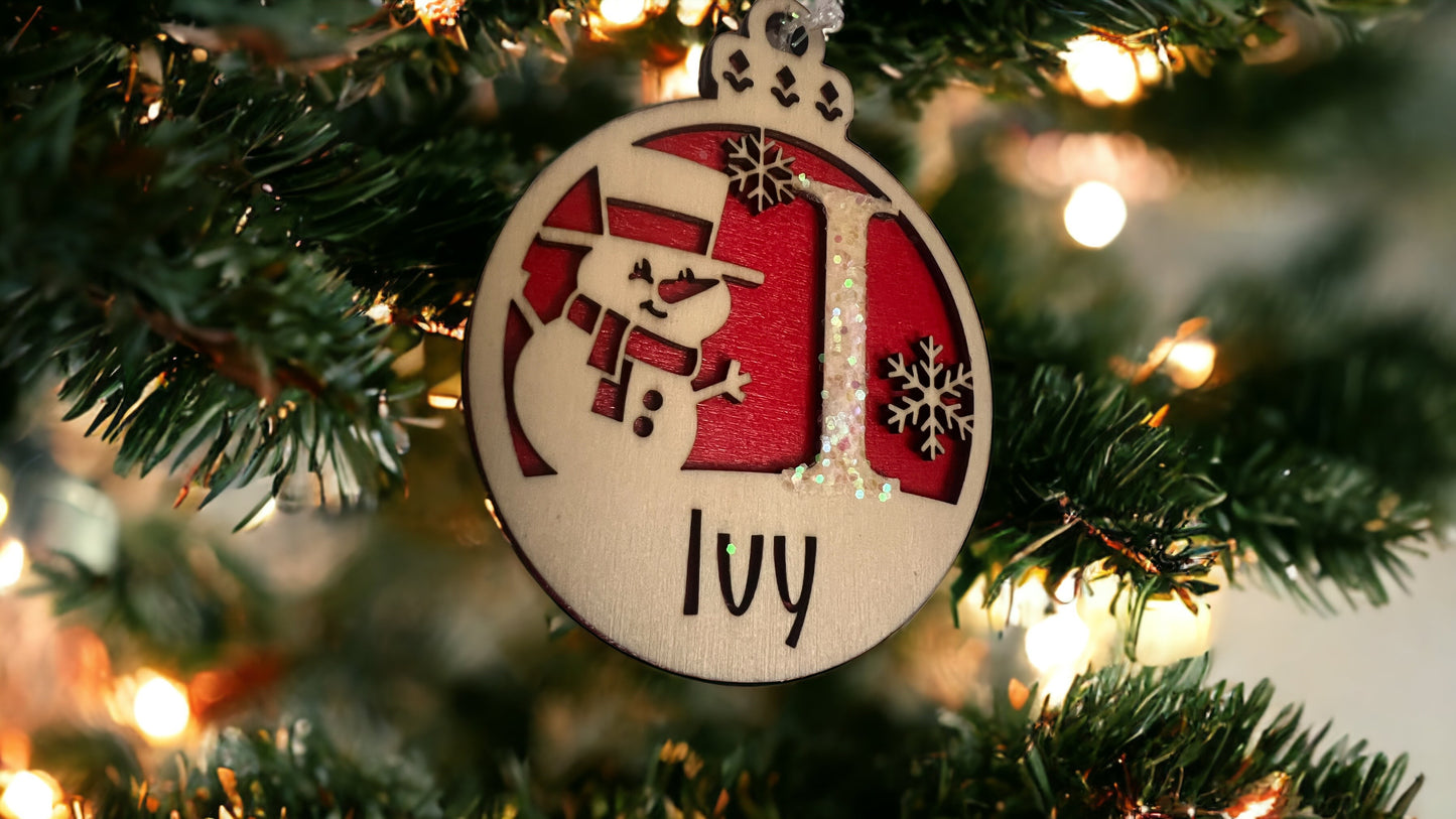 Personalized Christmas Ornament with Monogram Lettering and Snowman/Snowflake Design