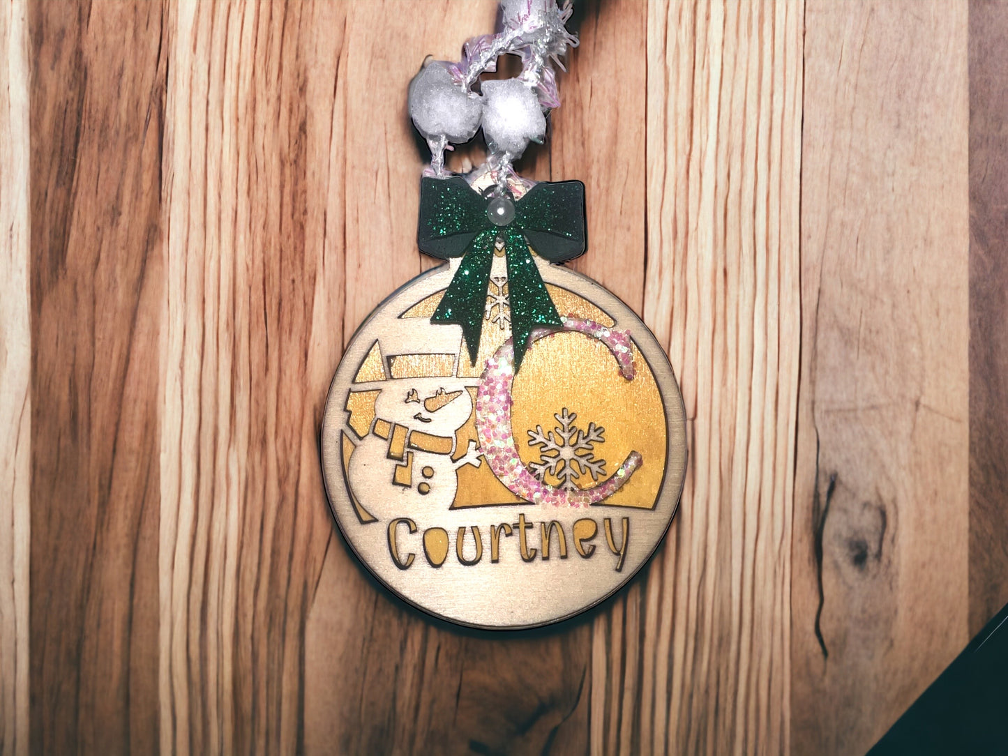 Personalized Christmas Ornament with Monogram Lettering and Snowman/Snowflake Design